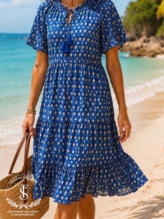 Cabana Life Other - Cabana Life Blue Gold Print Tassel Dress Swim Cover Up Size M Beach Resort